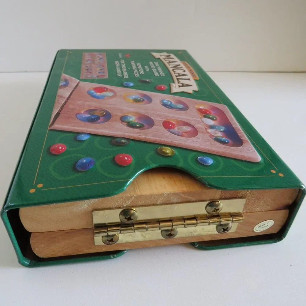 MANCALA GAME Solid Oak Wood Tray, Metal box & 47 Marbles